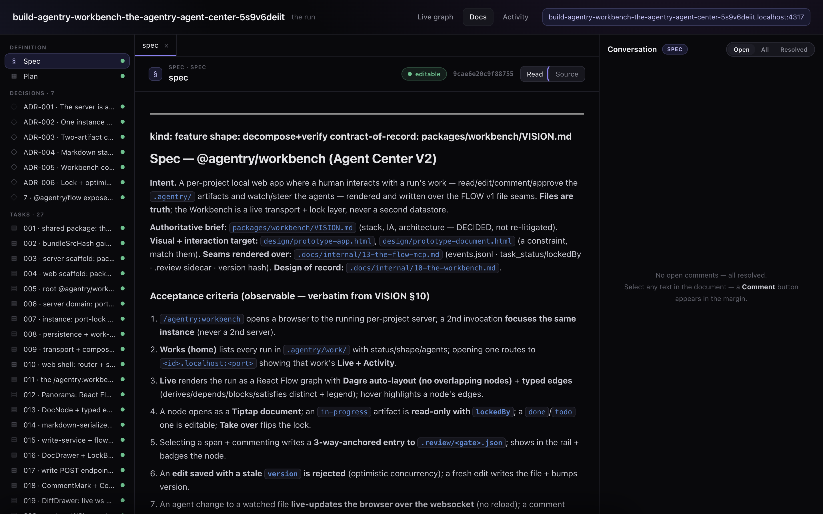 The Workbench docs workspace: a run-document navigator (Definition, Decisions, Tasks) beside a rendered Spec document, with a conversation rail for comments and agent replies.