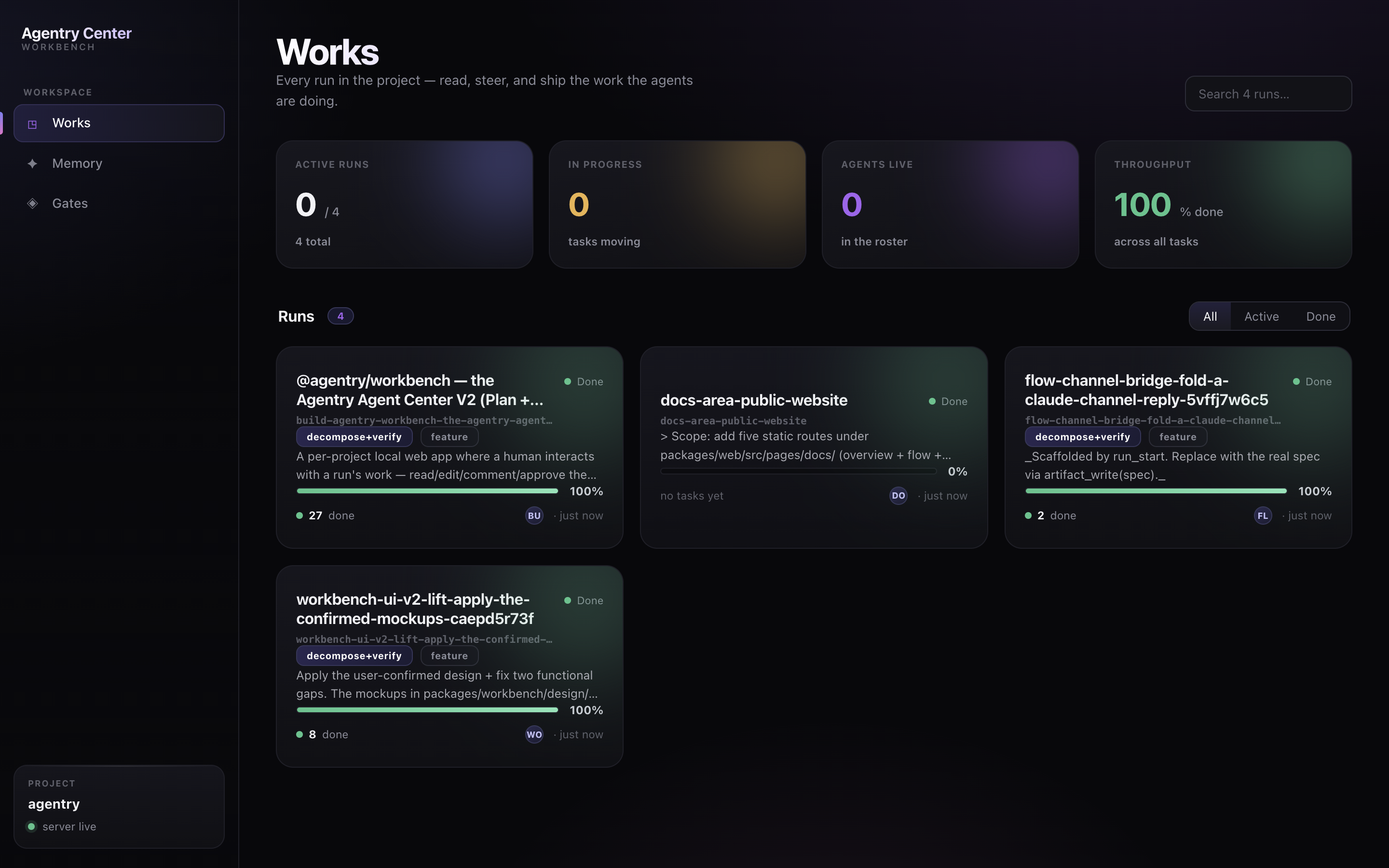 The Workbench Works home: a grid of run cards each showing title, routed shape, and progress, above KPI tiles for active runs, in-progress tasks, agents live, and throughput.