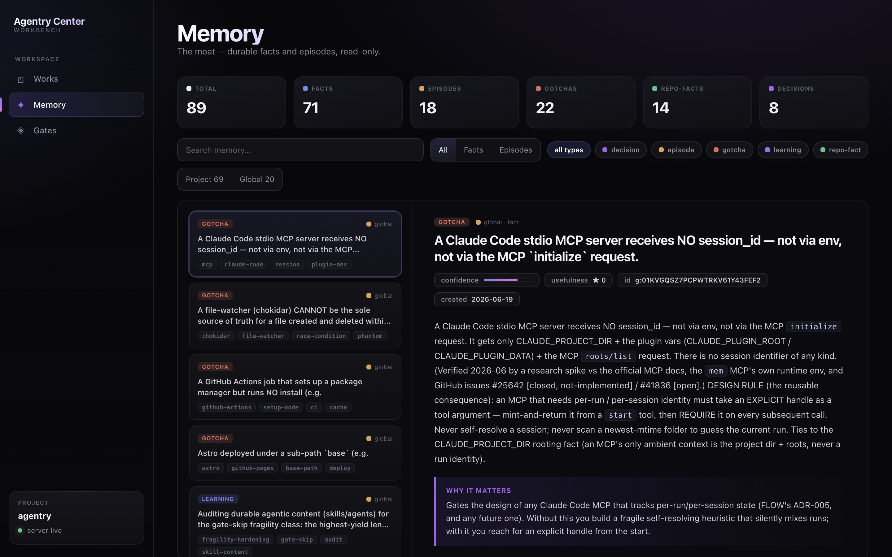 The Workbench Memory browser: a master-detail view with totals (facts and episodes), a search box and type filters, a list of memory cards, and a detail panel showing a fact's confidence, creation date, and why-it-matters note.