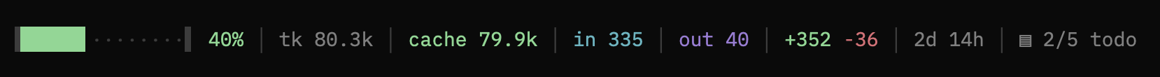 The statusline under an OpenCode conversation: a context bar at 40 per cent, the token total with its cache, input and output parts, the session diff, and elapsed time